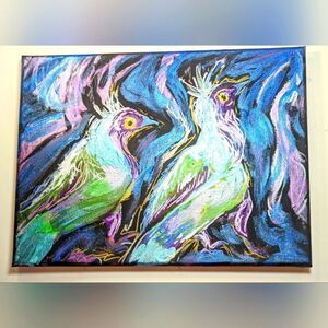 Wendy Gell Art Two Birds metallic paint in blue,purple green with gold markers .